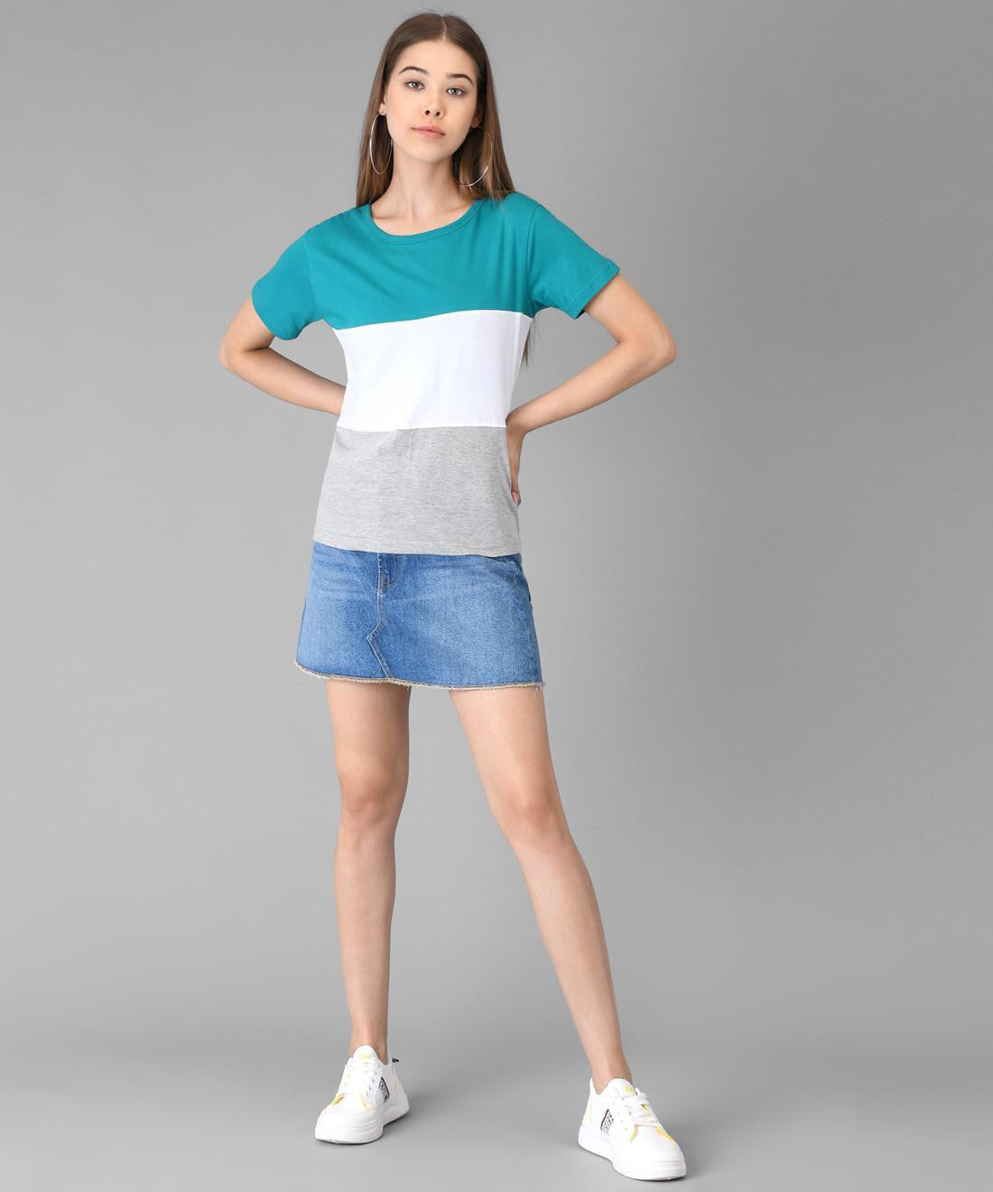 KOTTY Colorblock Women Round Neck Green T-Shirt 