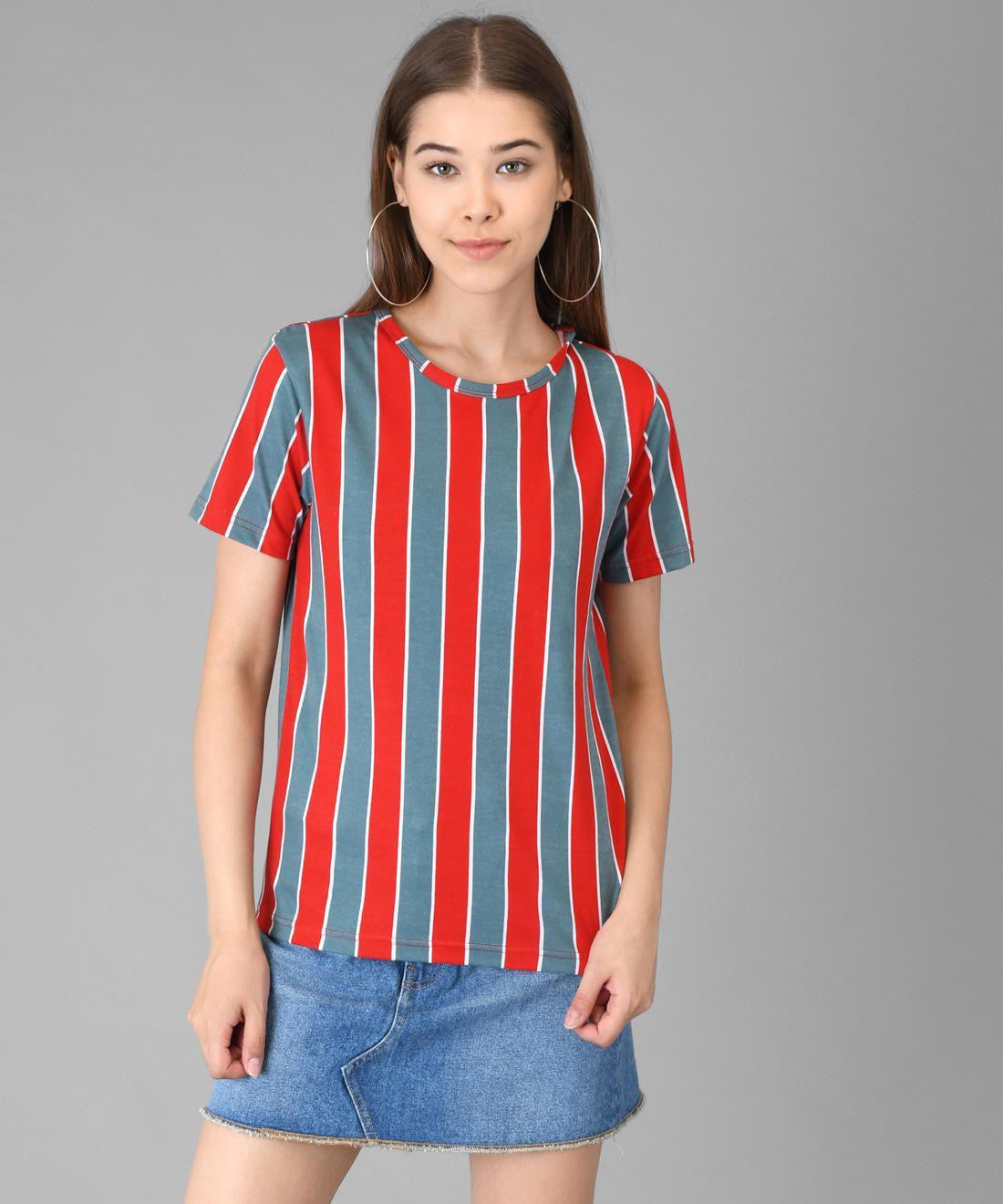 KOTTY Striped Women Round Neck Maroon T-Shirt 