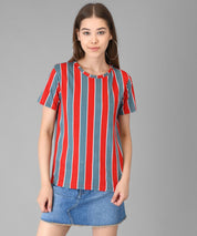 KOTTY Striped Women Round Neck Maroon T-Shirt 