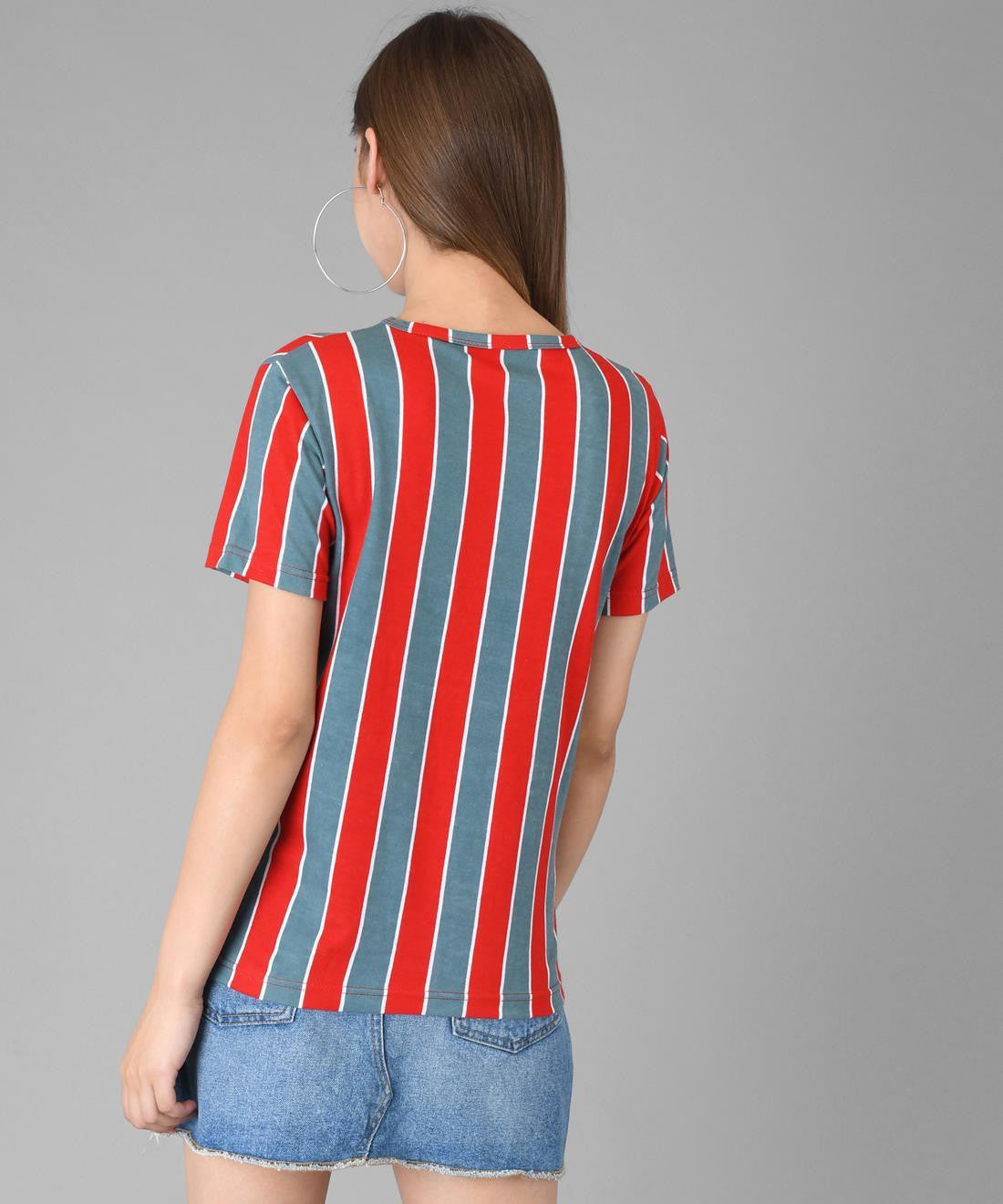 KOTTY Striped Women Round Neck Maroon T-Shirt 