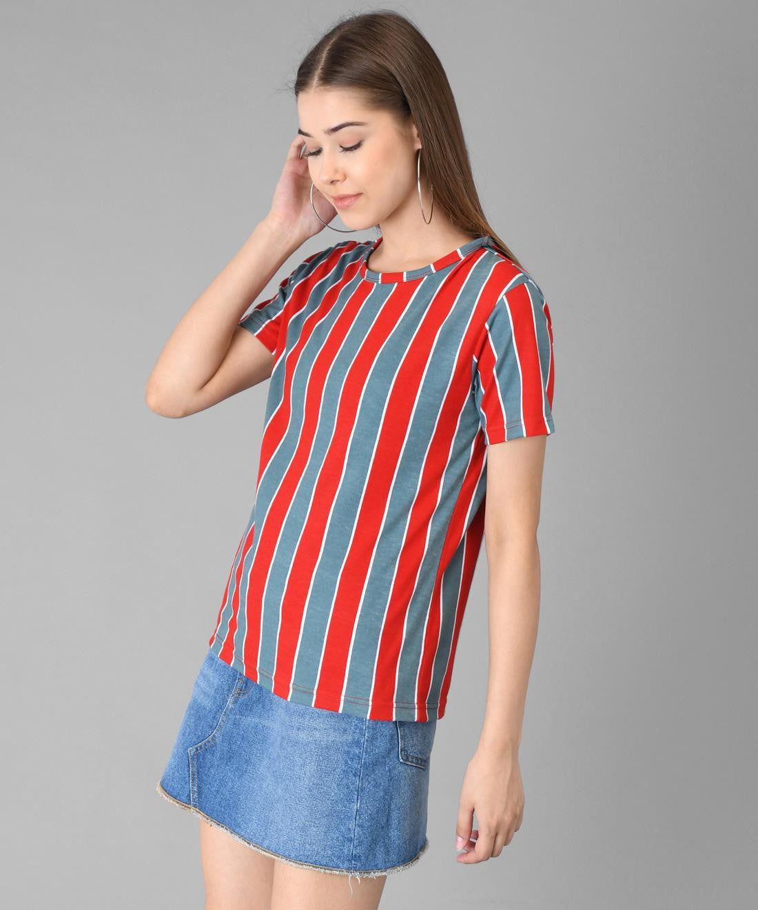 KOTTY Striped Women Round Neck Maroon T-Shirt 