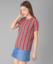KOTTY Striped Women Round Neck Maroon T-Shirt 