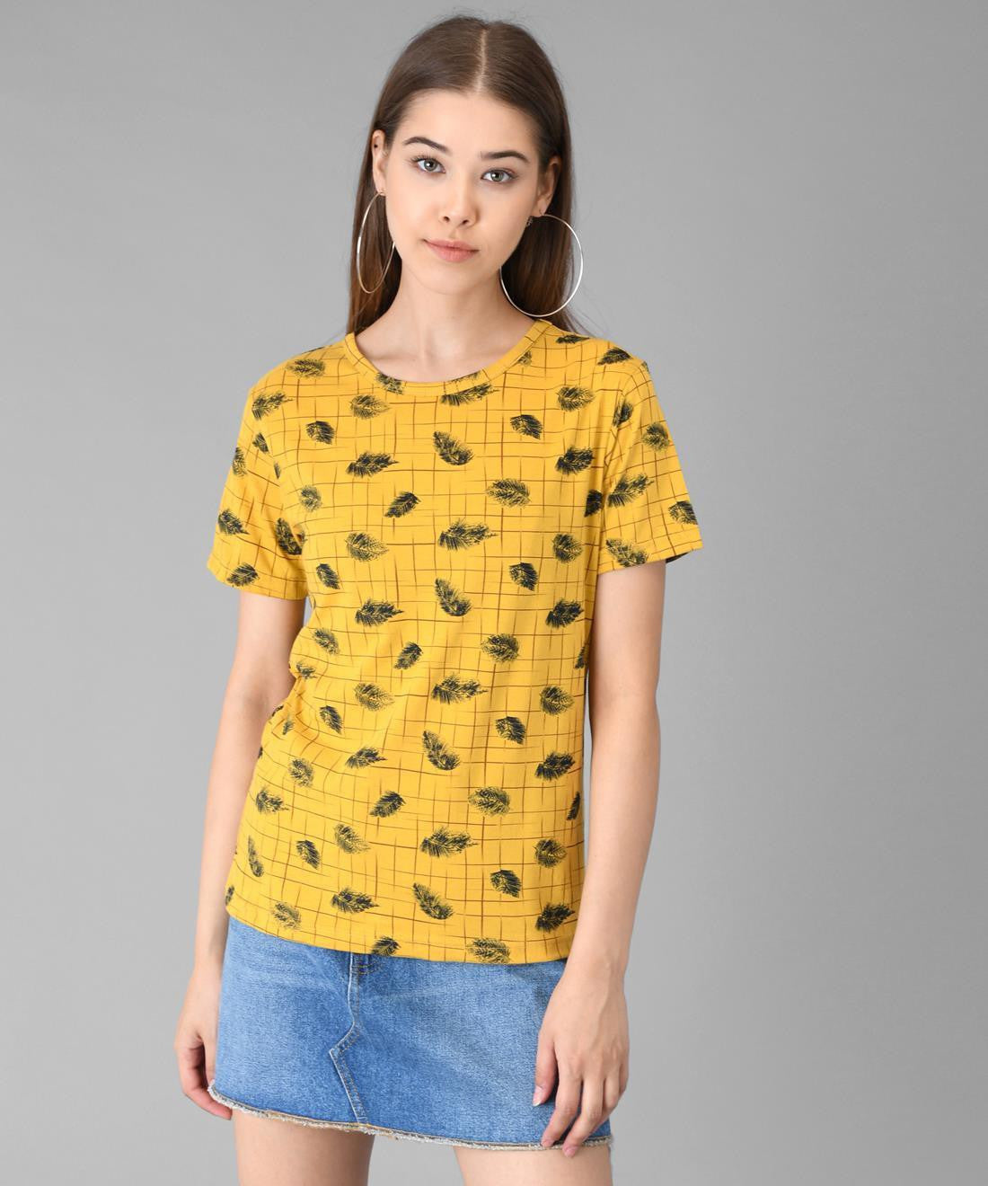 KOTTY Printed Women Round Neck Yellow T-Shirt 