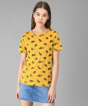 KOTTY Printed Women Round Neck Yellow T-Shirt 
