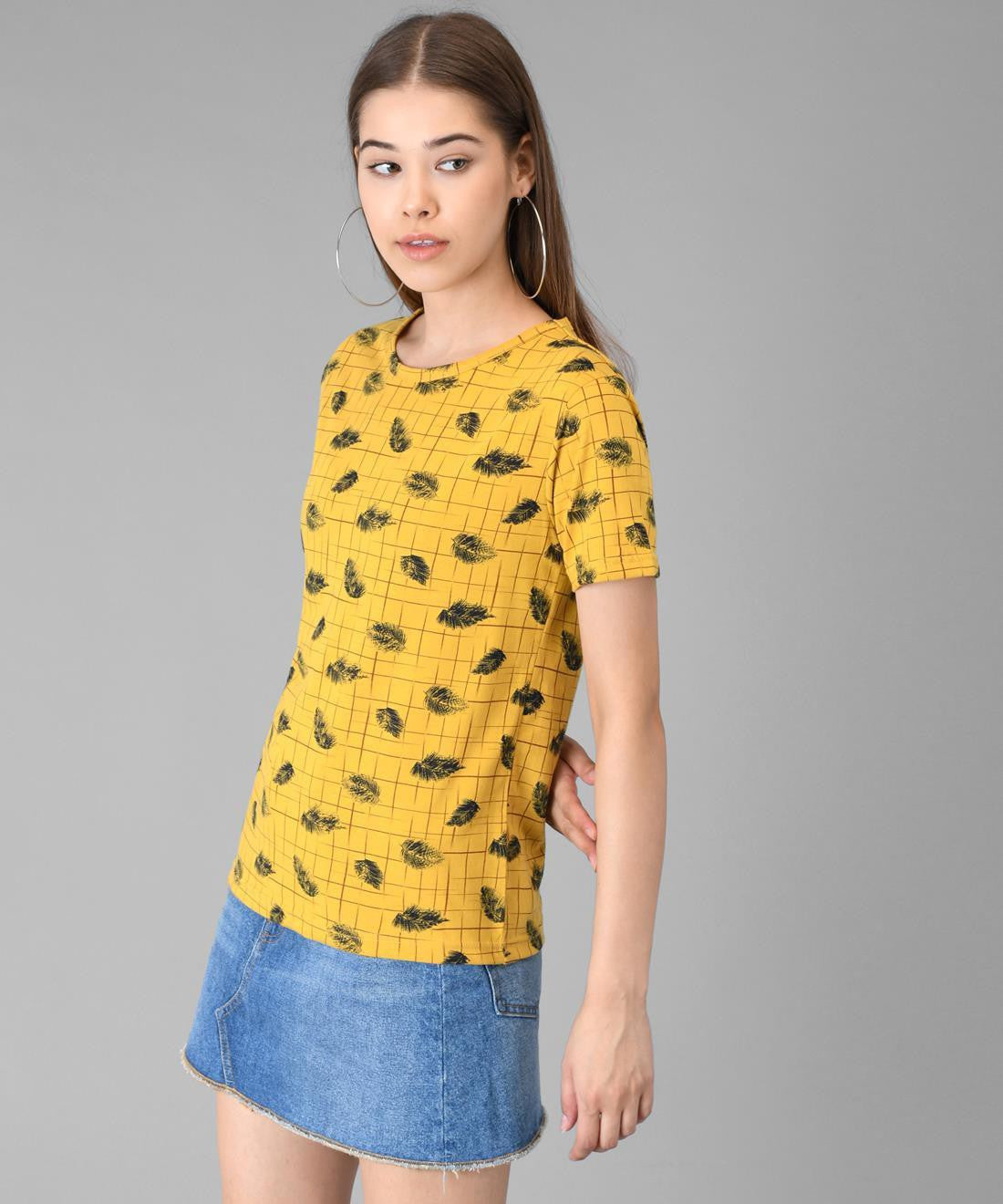 KOTTY Printed Women Round Neck Yellow T-Shirt 