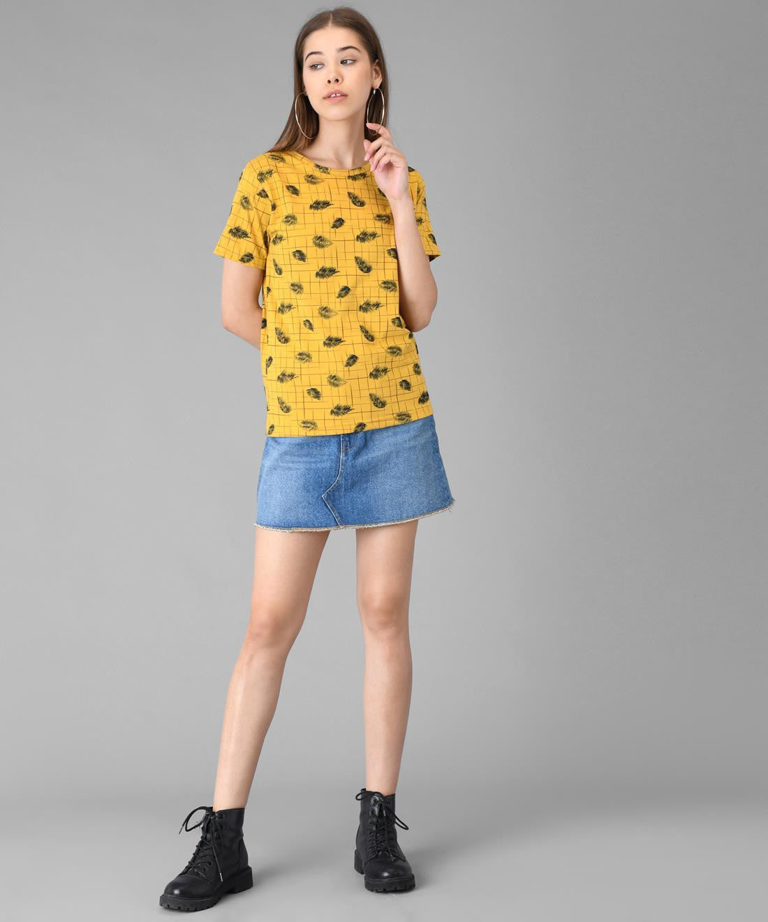 KOTTY Printed Women Round Neck Yellow T-Shirt 