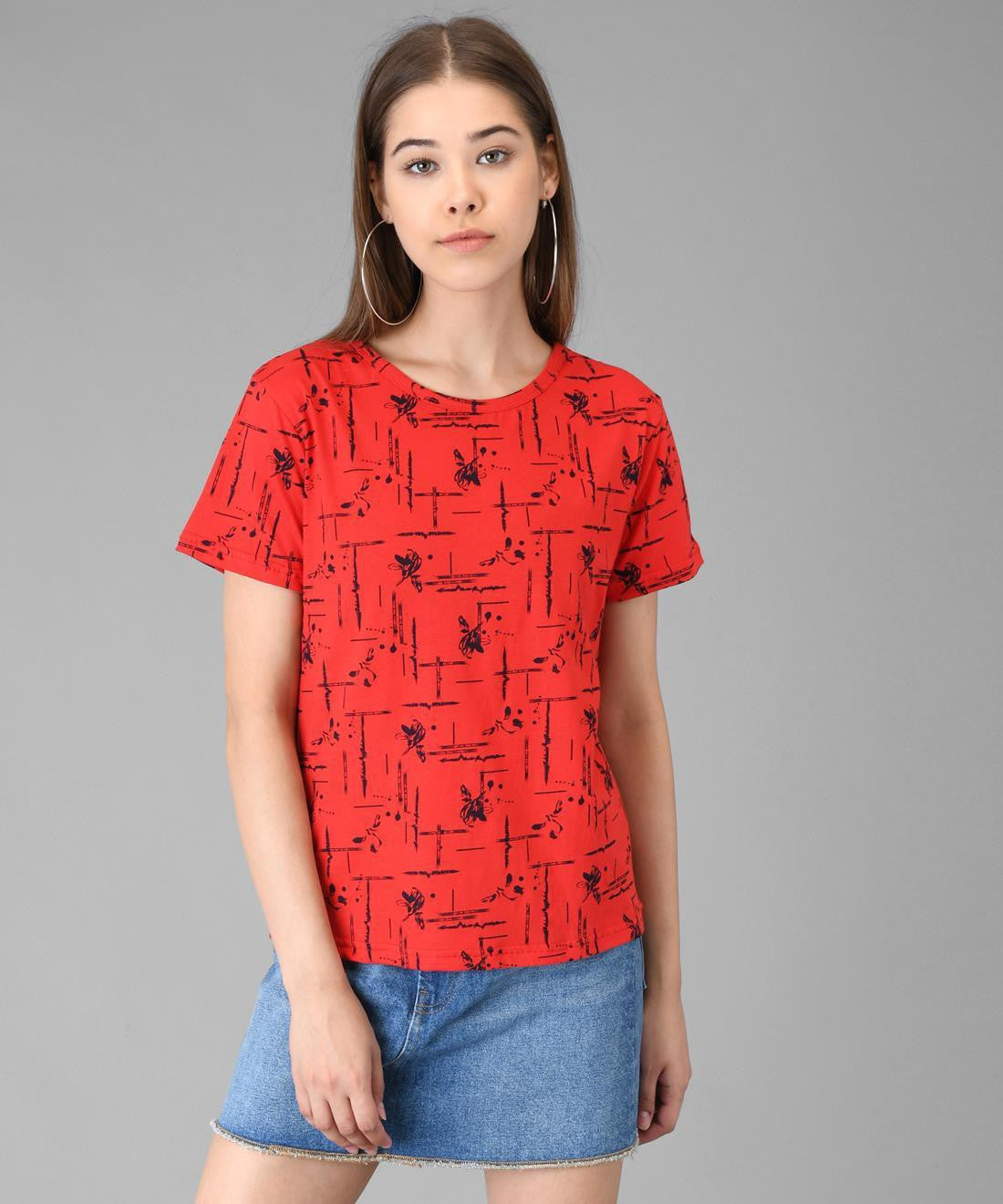 KOTTY Printed Women Round Neck Red T-Shirt 
