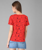 KOTTY Printed Women Round Neck Red T-Shirt 