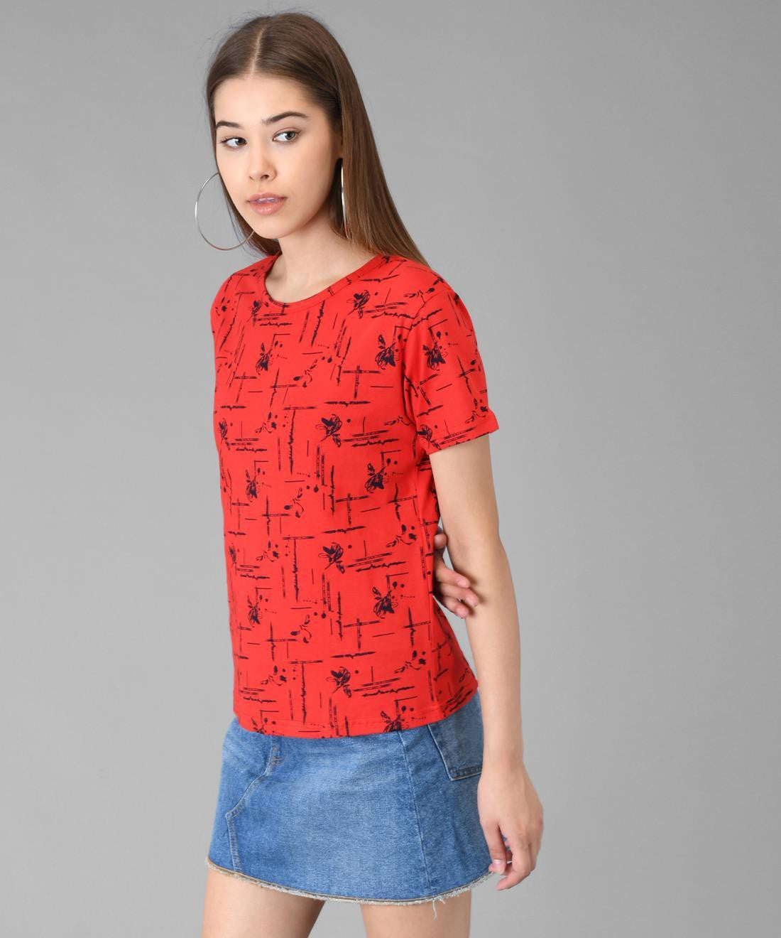 KOTTY Printed Women Round Neck Red T-Shirt 