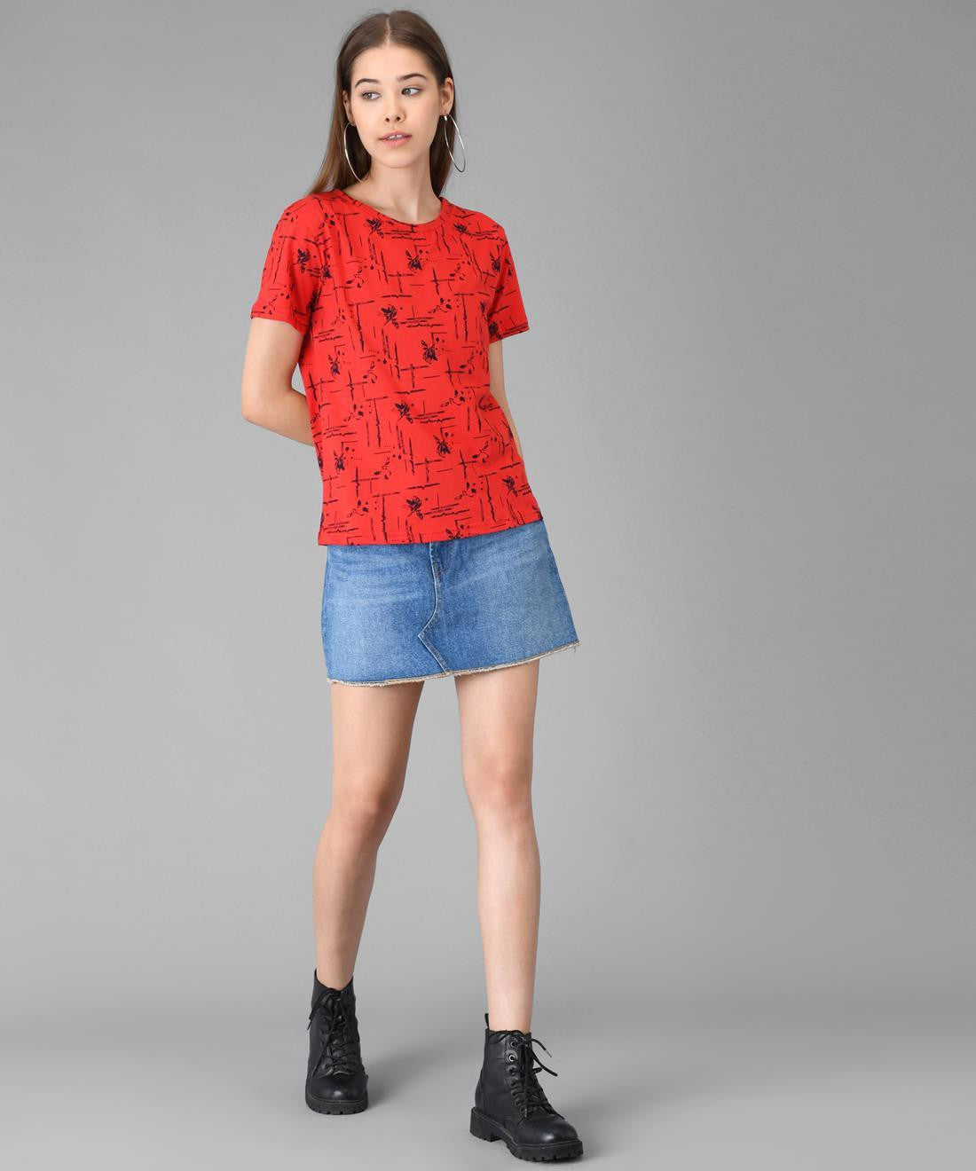 KOTTY Printed Women Round Neck Red T-Shirt 
