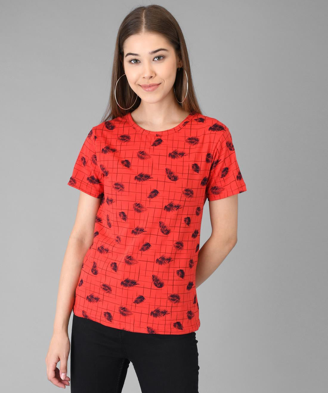 KOTTY Printed Women Round Neck Red T-Shirt 