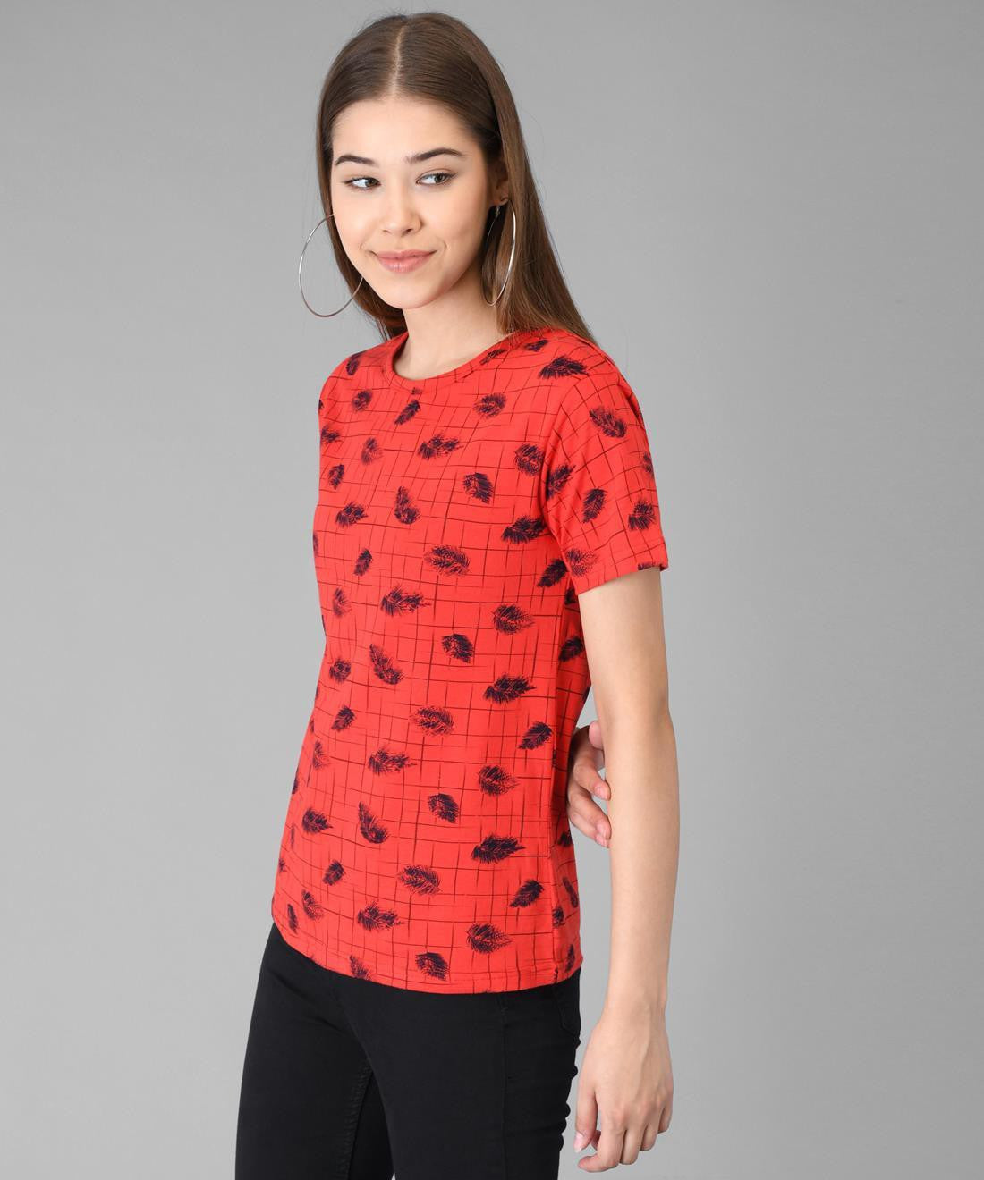 KOTTY Printed Women Round Neck Red T-Shirt 