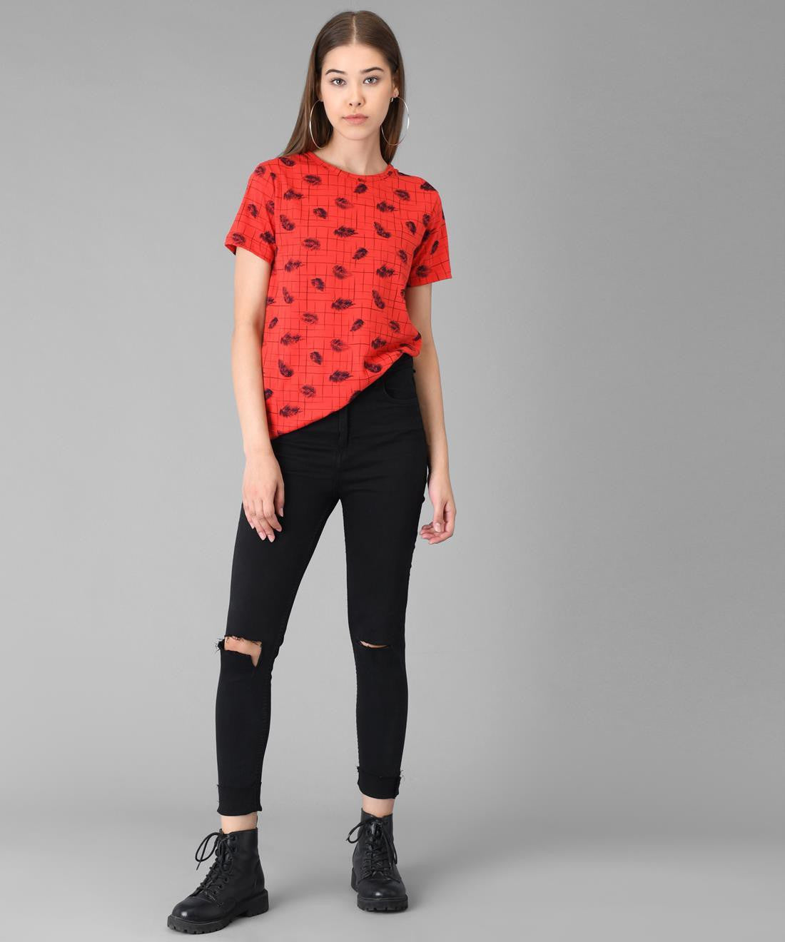 KOTTY Printed Women Round Neck Red T-Shirt 