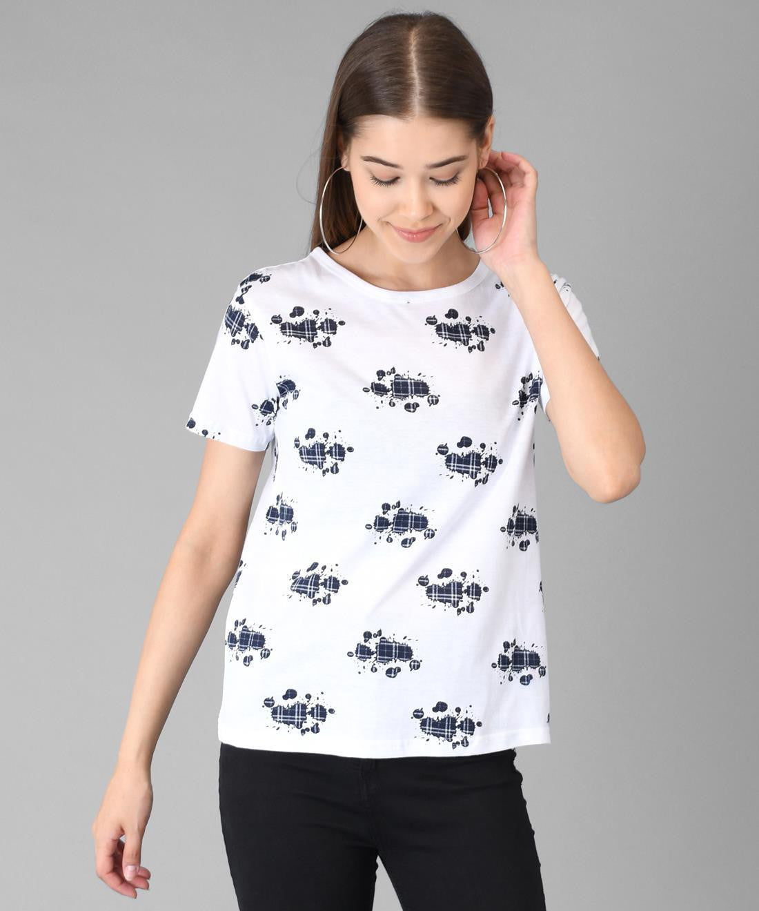 KOTTY Printed Women Round Neck White T-Shirt 