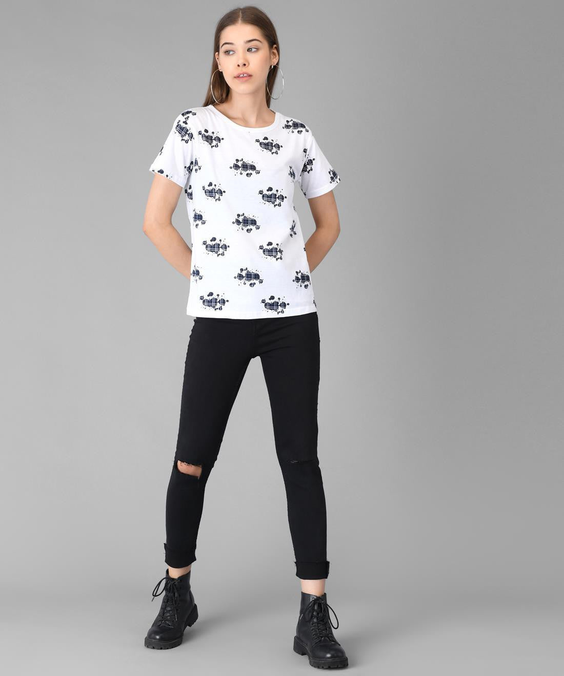 KOTTY Printed Women Round Neck White T-Shirt 