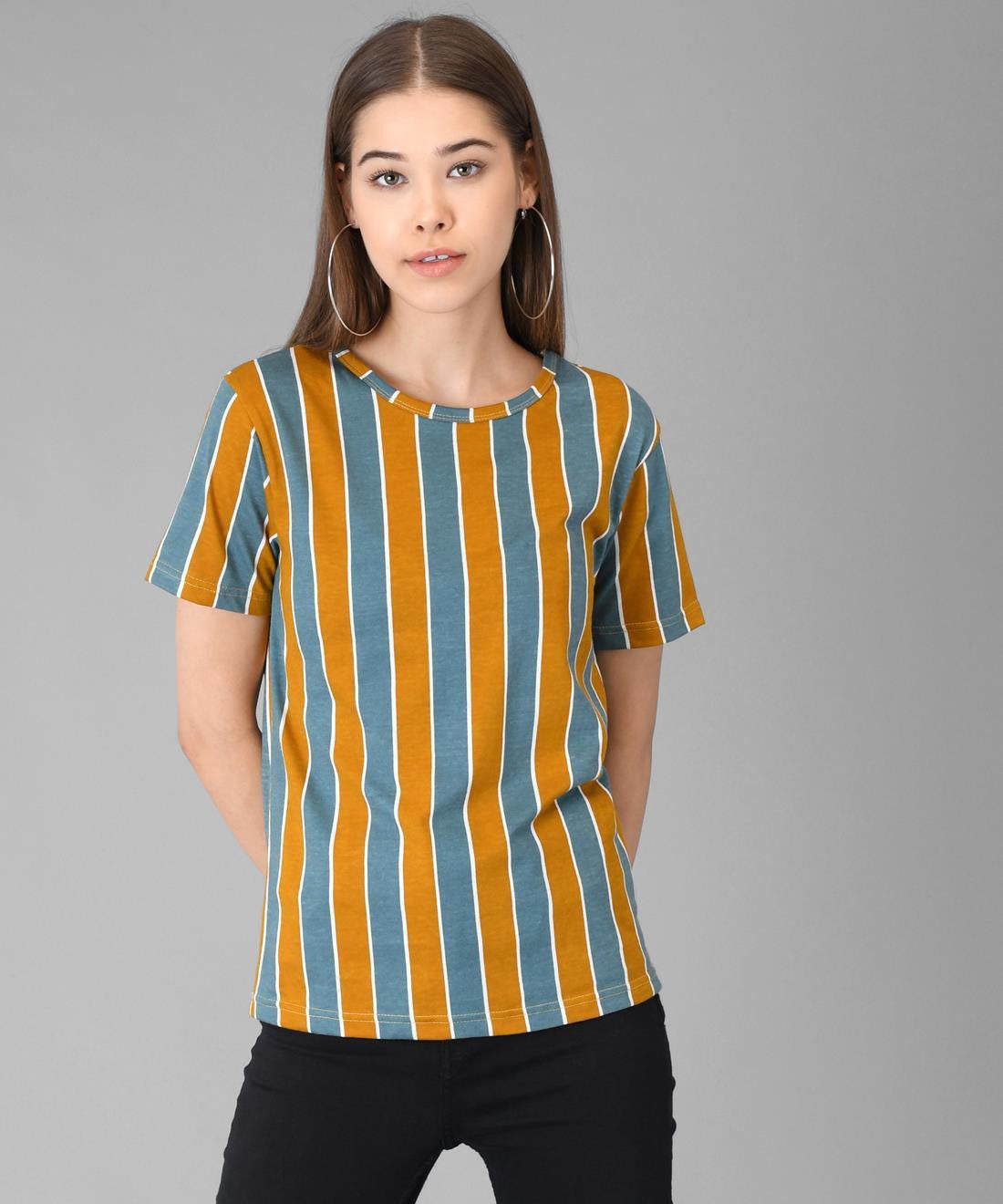 KOTTY Striped Women Round Neck Multicolor, Orange T-Shirt 