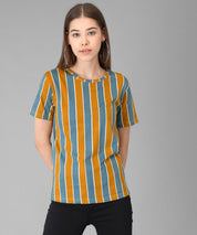 KOTTY Striped Women Round Neck Multicolor, Orange T-Shirt 