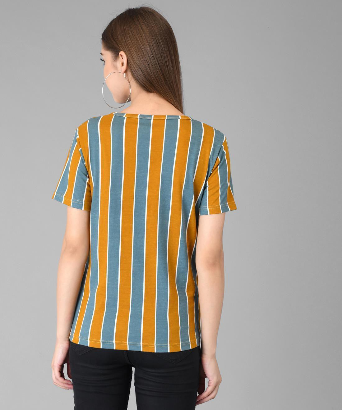 KOTTY Striped Women Round Neck Multicolor, Orange T-Shirt 