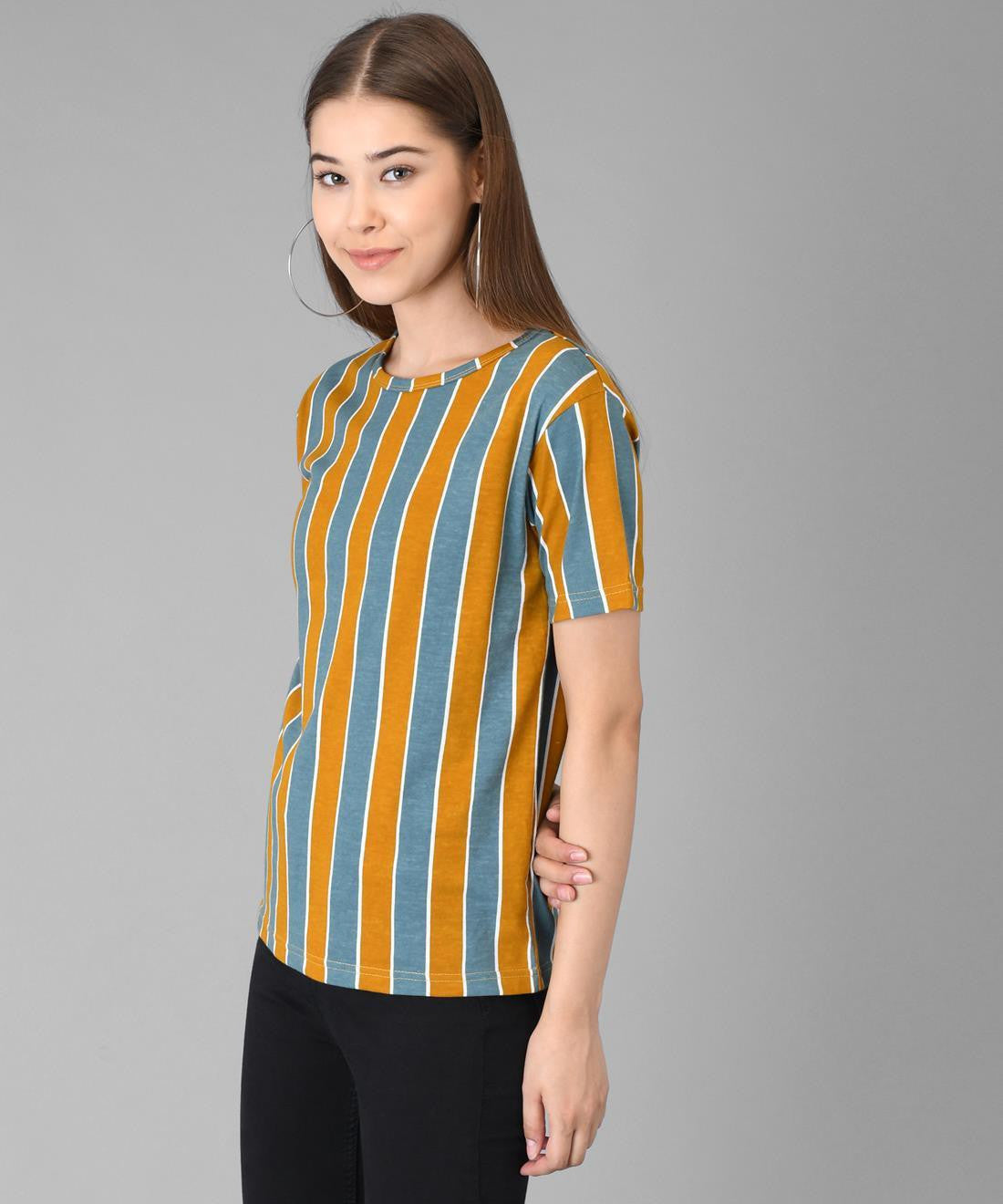 KOTTY Striped Women Round Neck Multicolor, Orange T-Shirt 