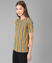 KOTTY Striped Women Round Neck Multicolor, Orange T-Shirt 