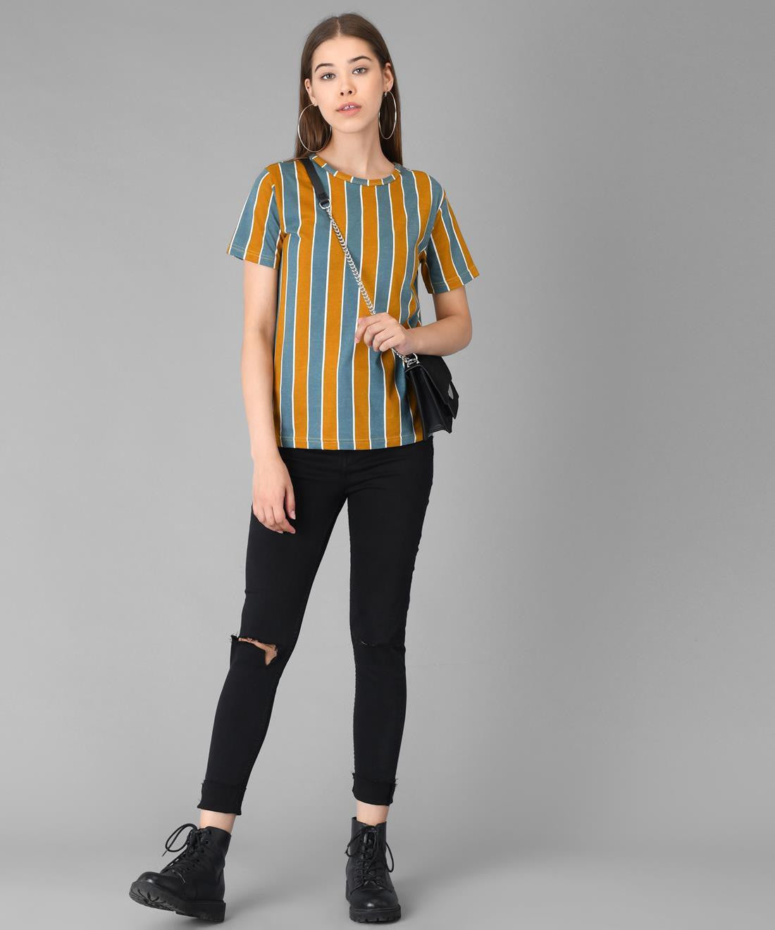 KOTTY Striped Women Round Neck Multicolor, Orange T-Shirt 