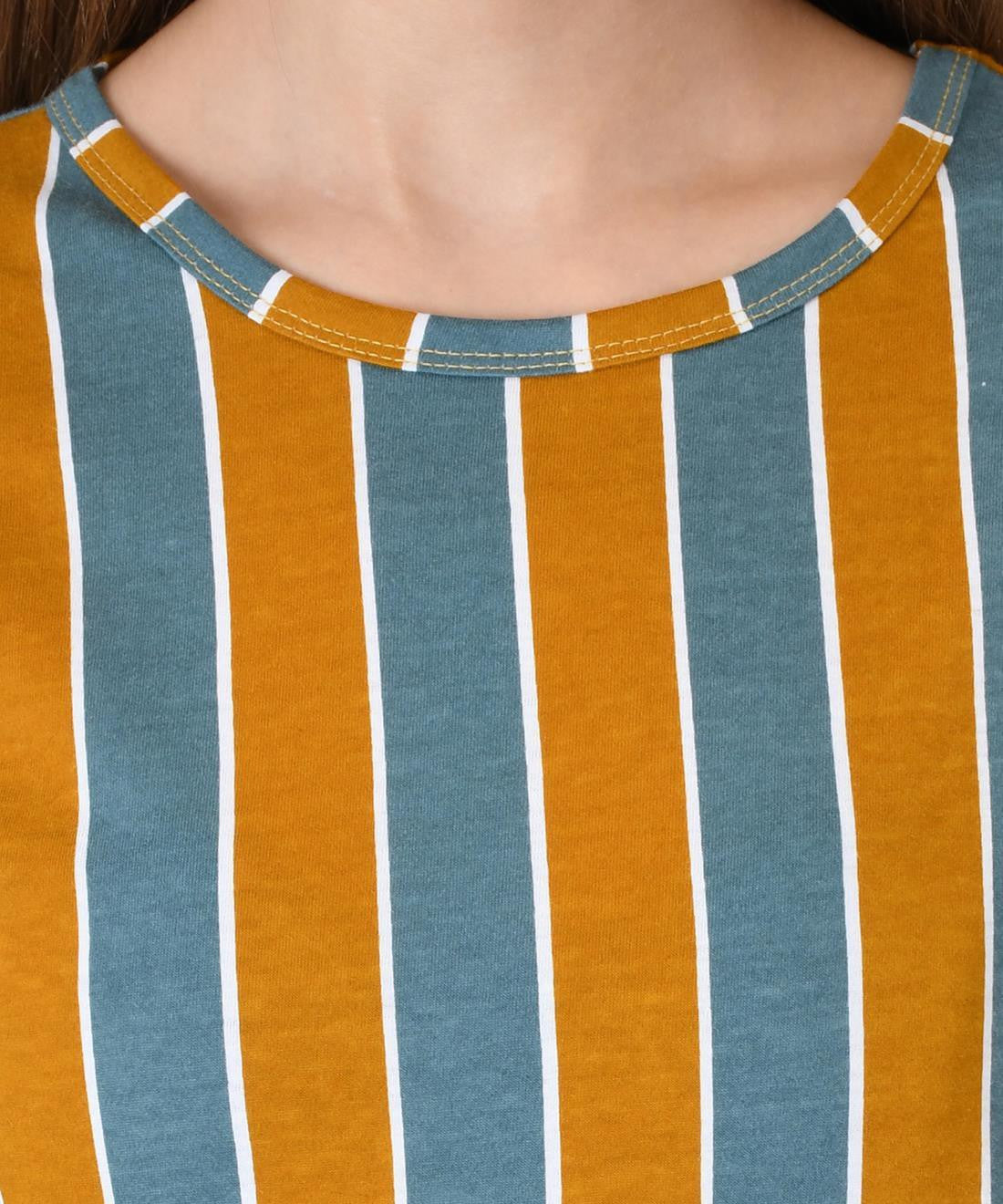 KOTTY Striped Women Round Neck Multicolor, Orange T-Shirt 