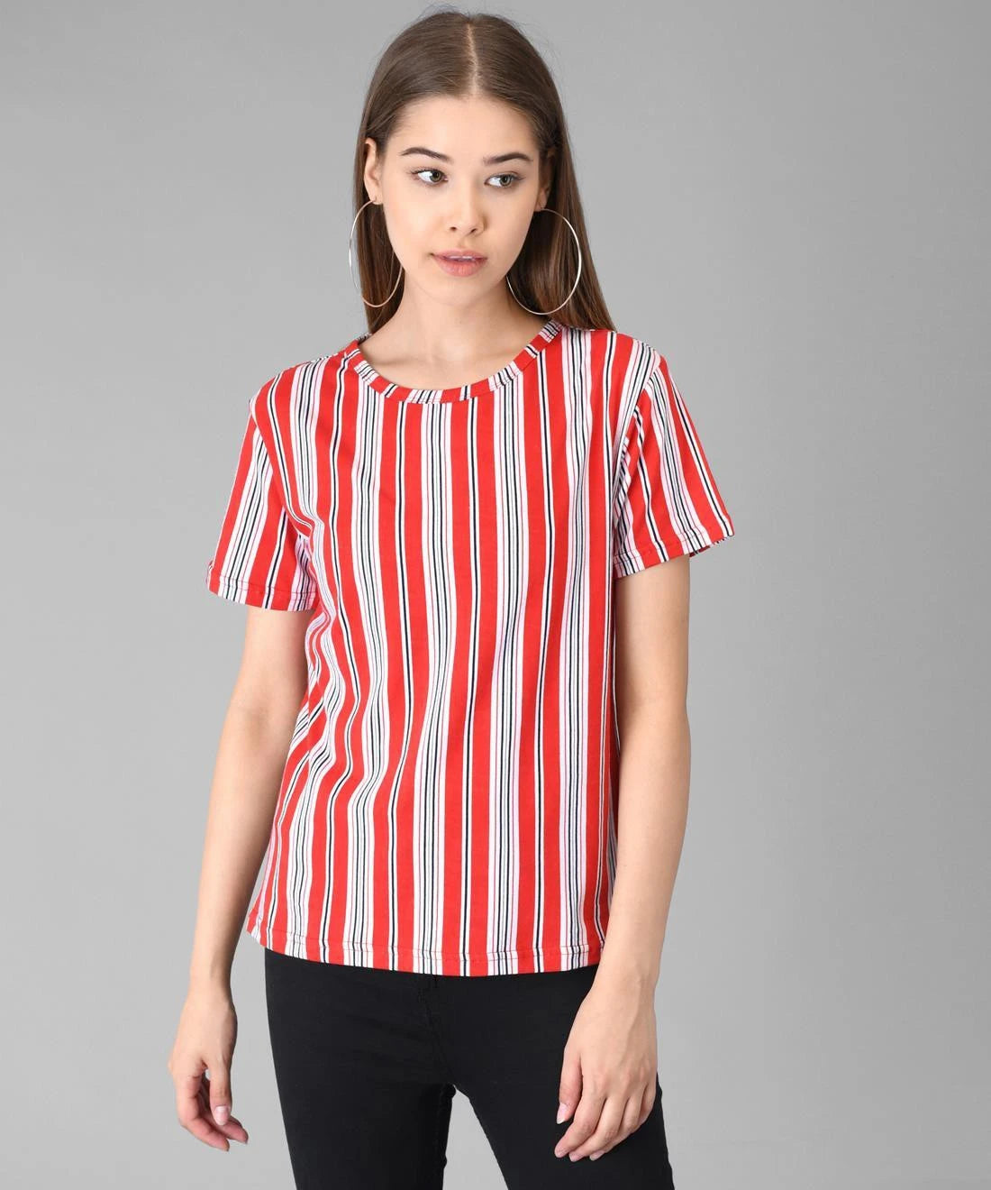 KOTTY Striped Women Round Neck Red T-Shirt 