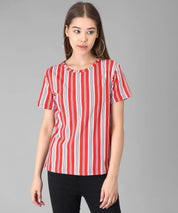 KOTTY Striped Women Round Neck Red T-Shirt 