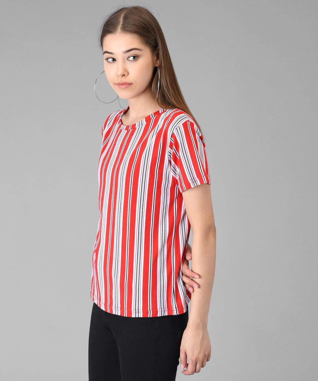 KOTTY Striped Women Round Neck Red T-Shirt 