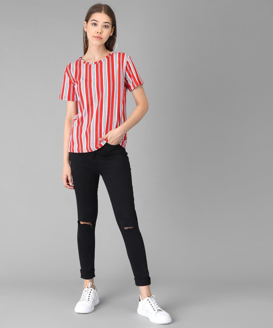 KOTTY Striped Women Round Neck Red T-Shirt 