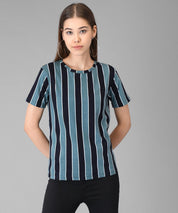 KOTTY Striped Women Round Neck Black T-Shirt 