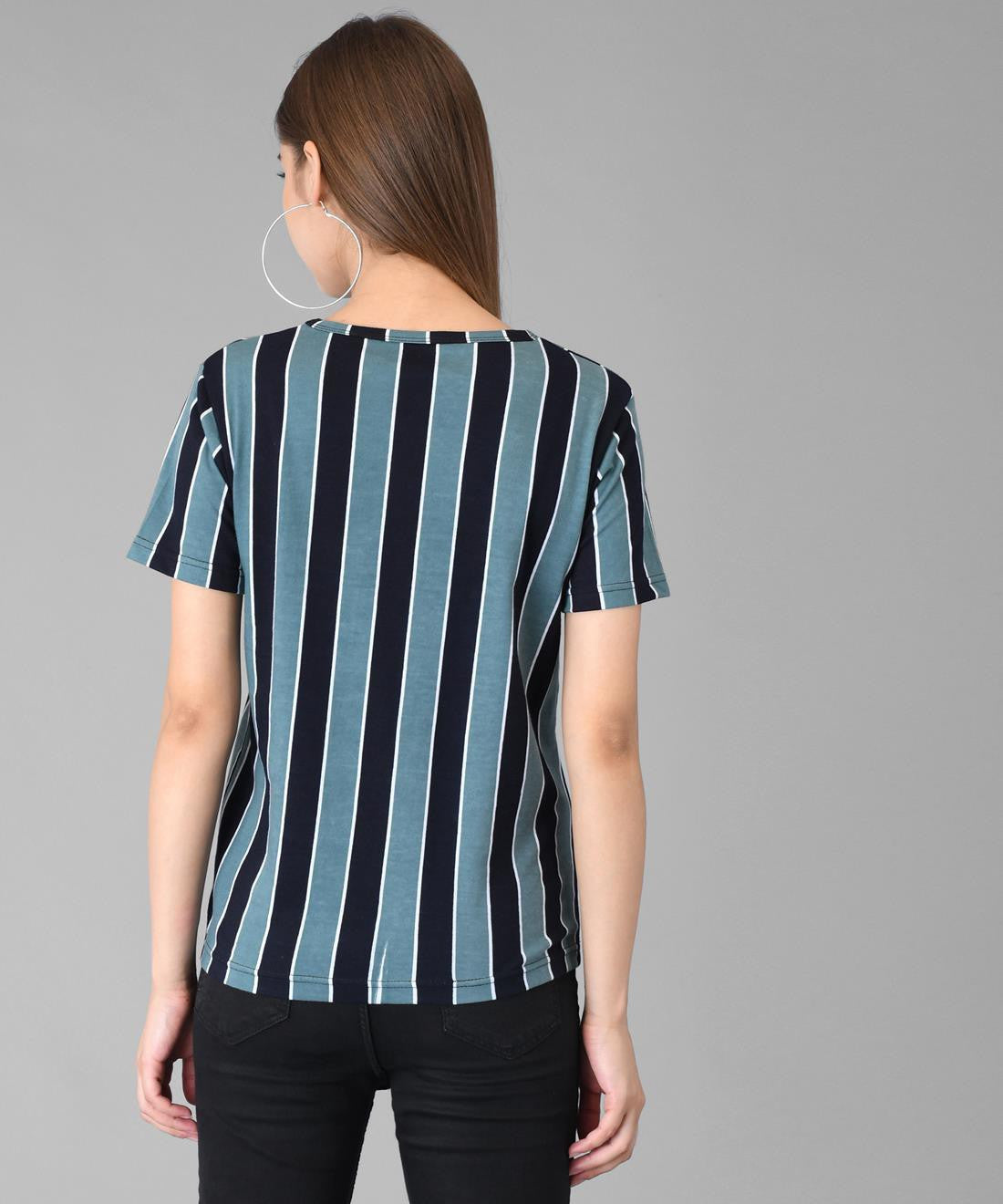 KOTTY Striped Women Round Neck Black T-Shirt 