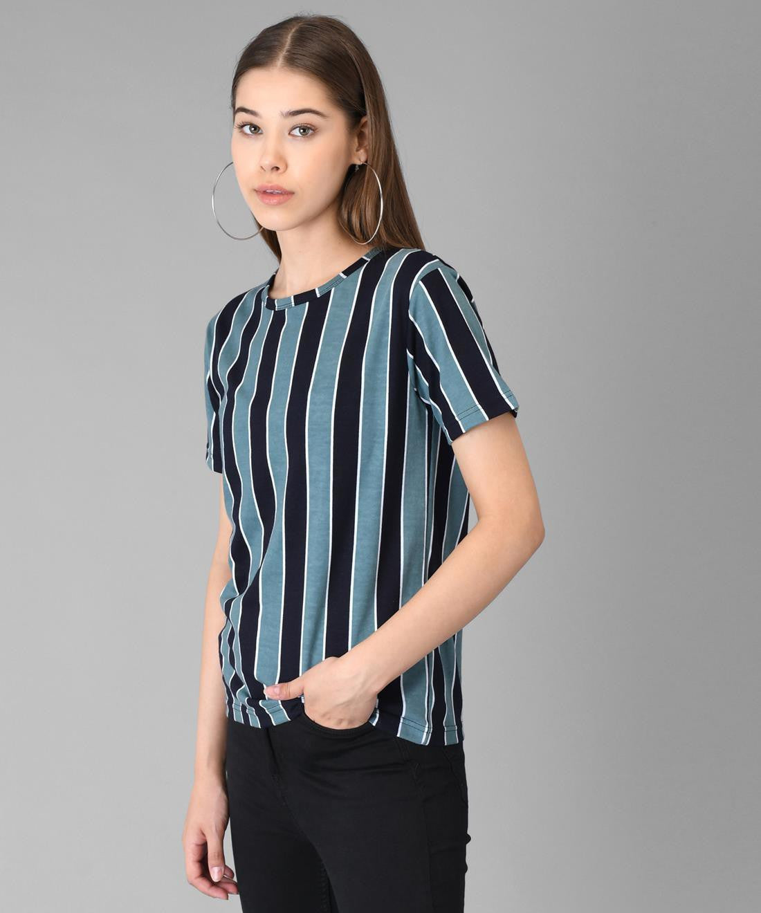 KOTTY Striped Women Round Neck Black T-Shirt 