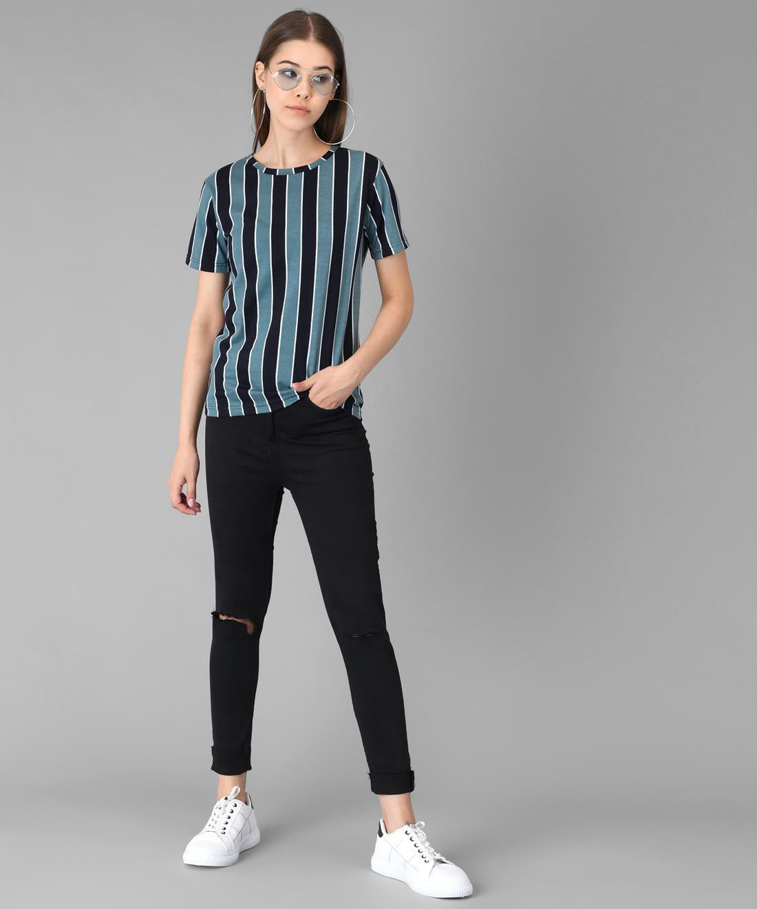 KOTTY Striped Women Round Neck Black T-Shirt 