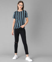 KOTTY Striped Women Round Neck Black T-Shirt 
