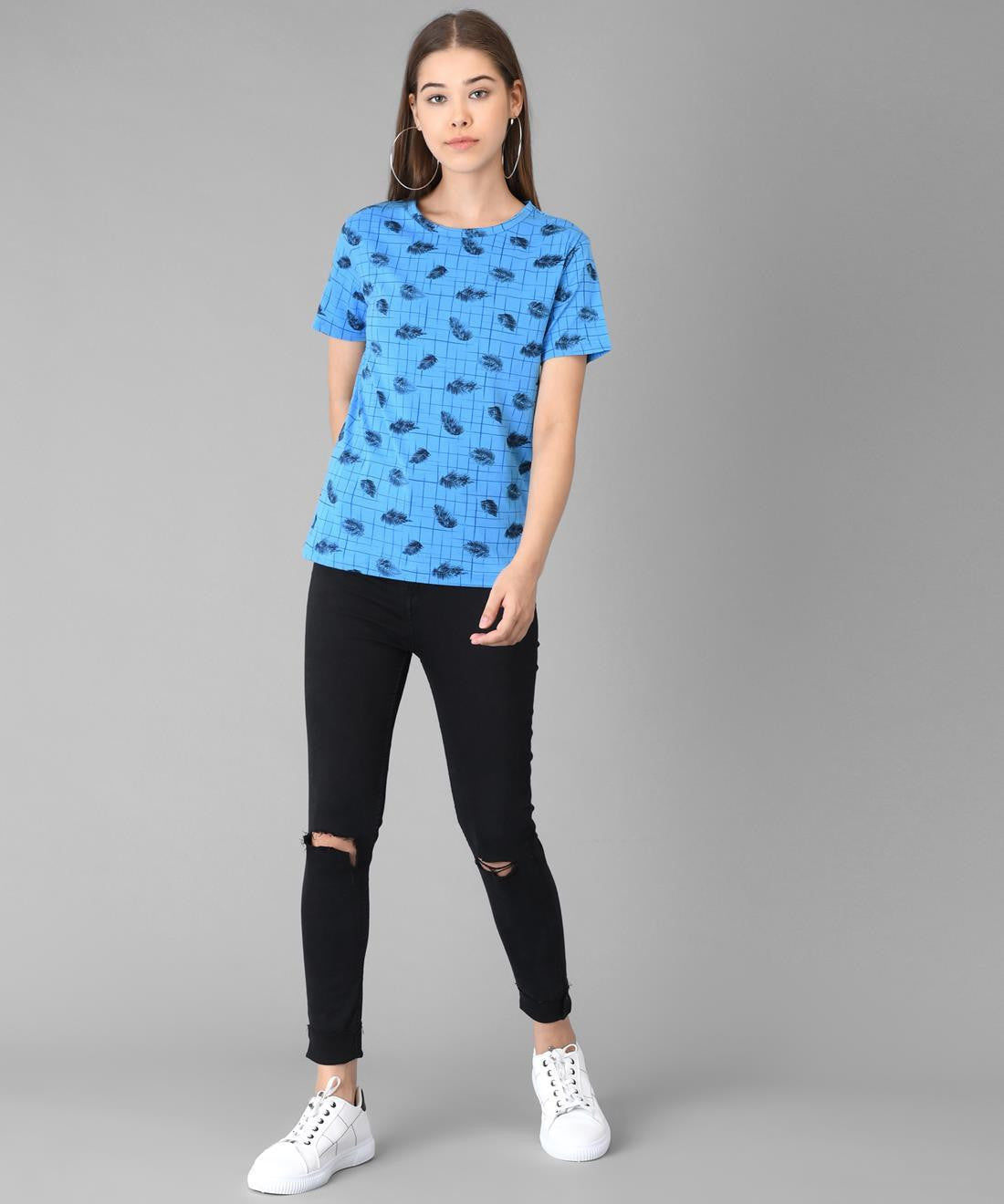 KOTTY Printed Women Round Neck Blue T-Shirt 