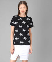 KOTTY Printed Women Round Neck Black T-Shirt 