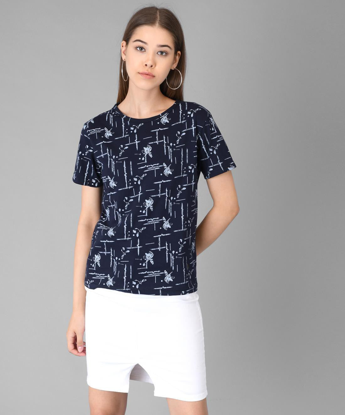 KOTTY Printed Women Round Neck Dark Blue T-Shirt 