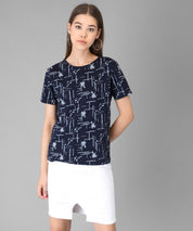 KOTTY Printed Women Round Neck Dark Blue T-Shirt 