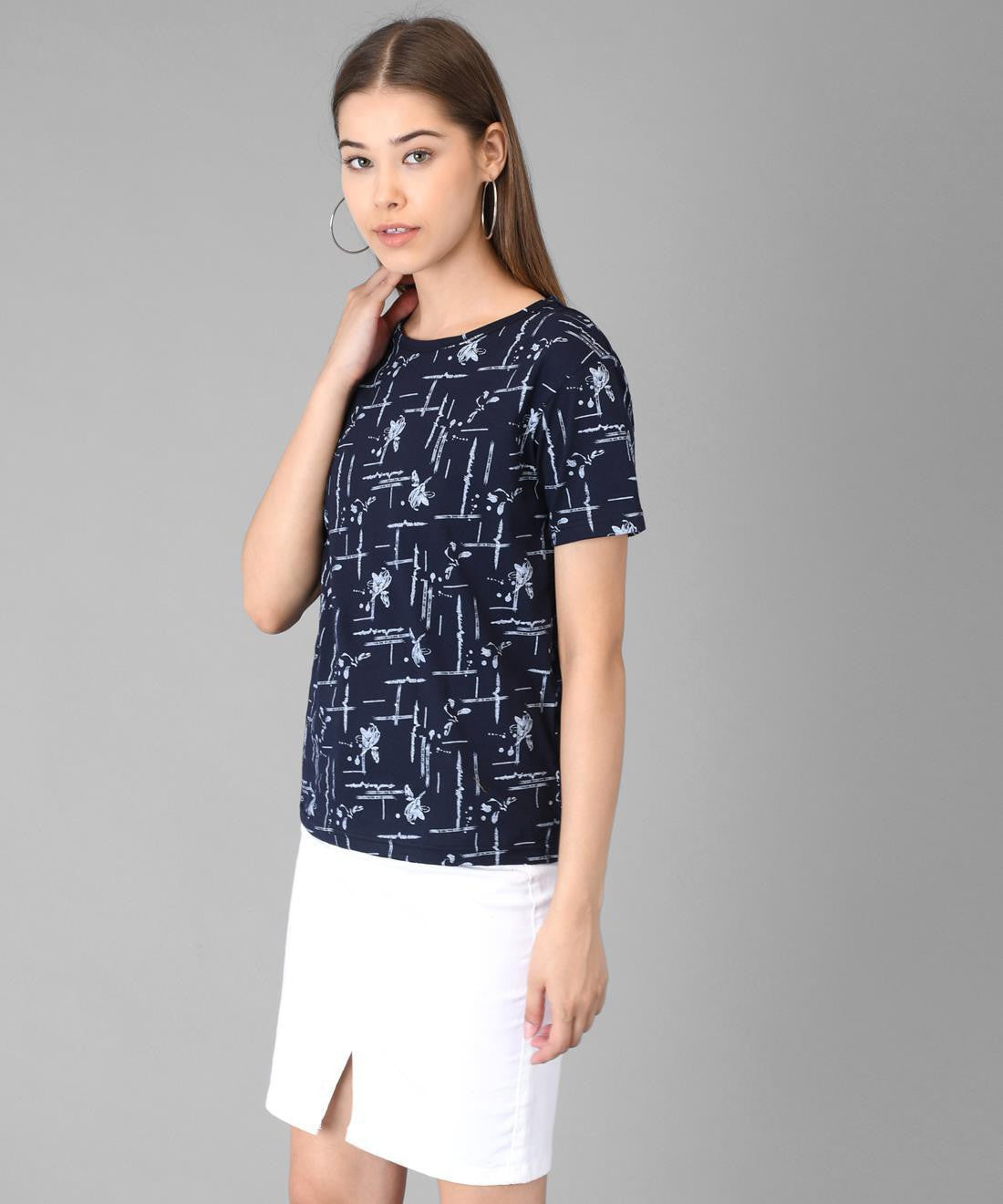 KOTTY Printed Women Round Neck Dark Blue T-Shirt 