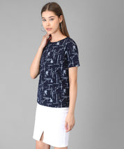 KOTTY Printed Women Round Neck Dark Blue T-Shirt 