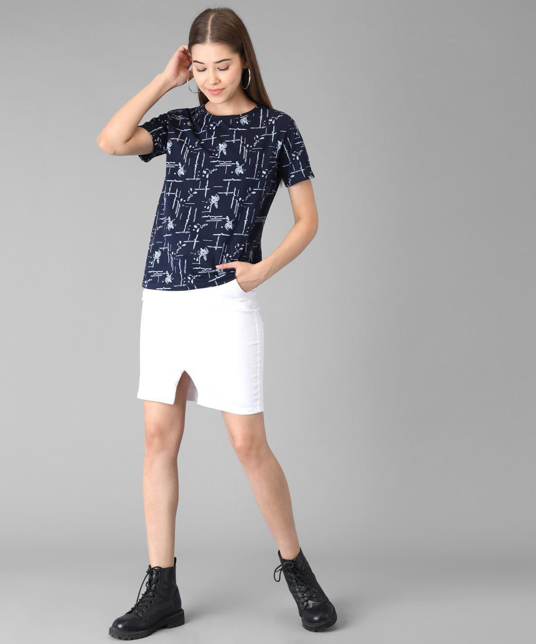 KOTTY Printed Women Round Neck Dark Blue T-Shirt 