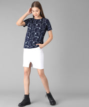 KOTTY Printed Women Round Neck Dark Blue T-Shirt 
