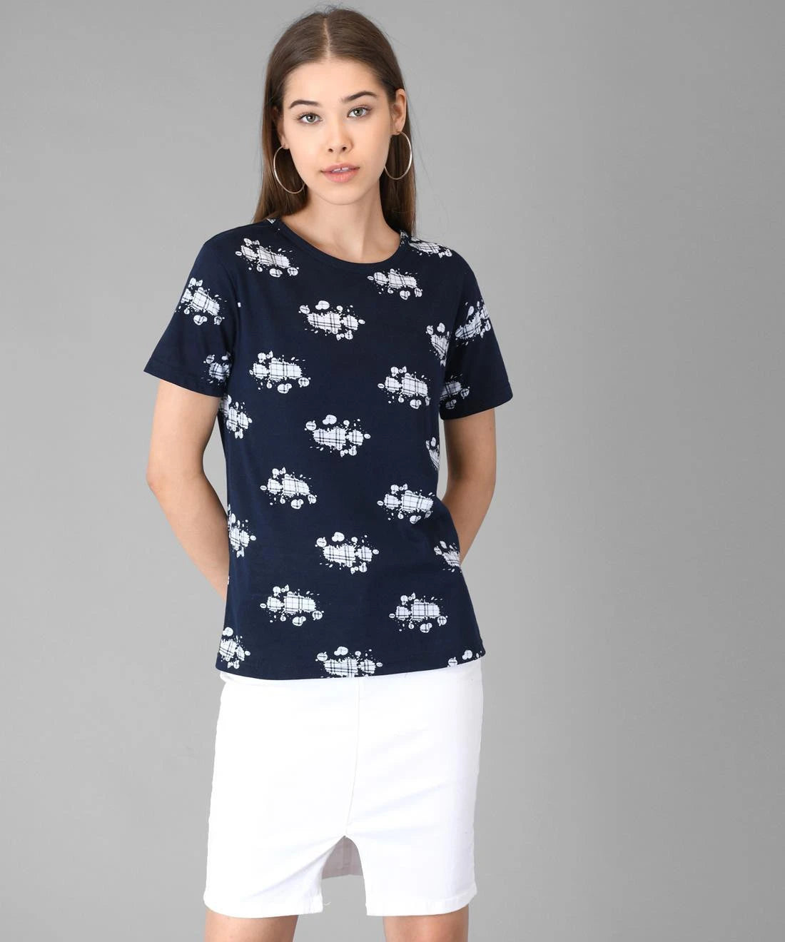 KOTTY Printed Women Round Neck Dark Blue T-Shirt 