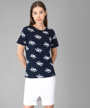 KOTTY Printed Women Round Neck Dark Blue T-Shirt 