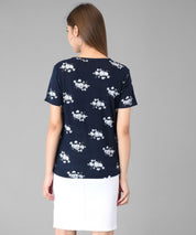 KOTTY Printed Women Round Neck Dark Blue T-Shirt 