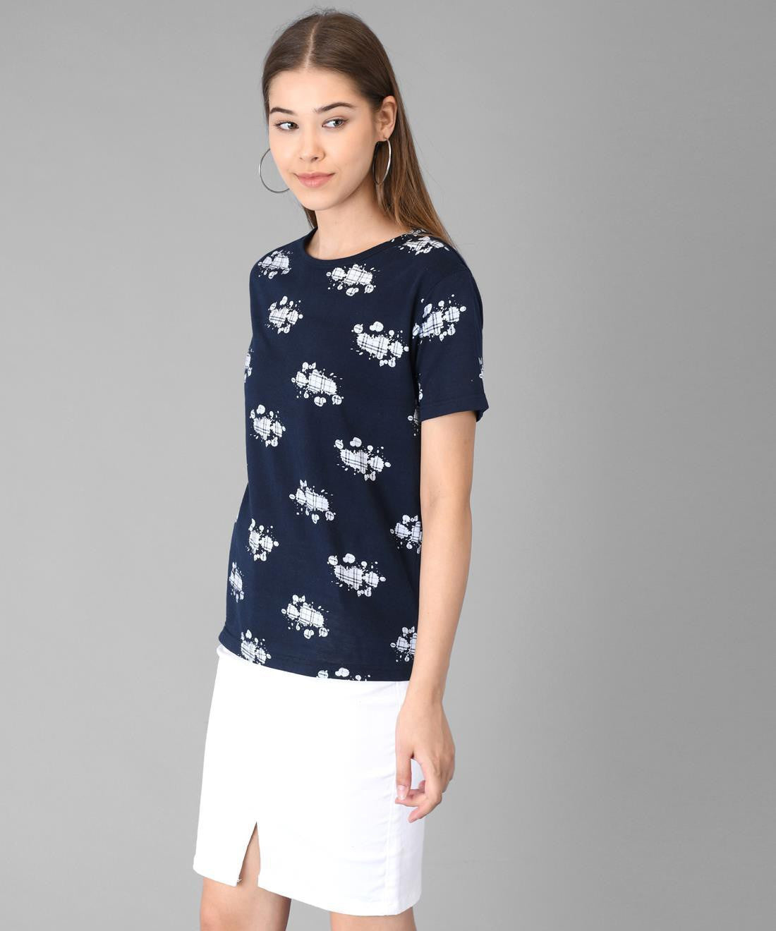 KOTTY Printed Women Round Neck Dark Blue T-Shirt 