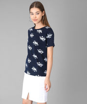 KOTTY Printed Women Round Neck Dark Blue T-Shirt 