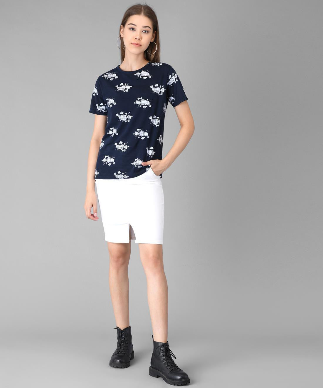 KOTTY Printed Women Round Neck Dark Blue T-Shirt 