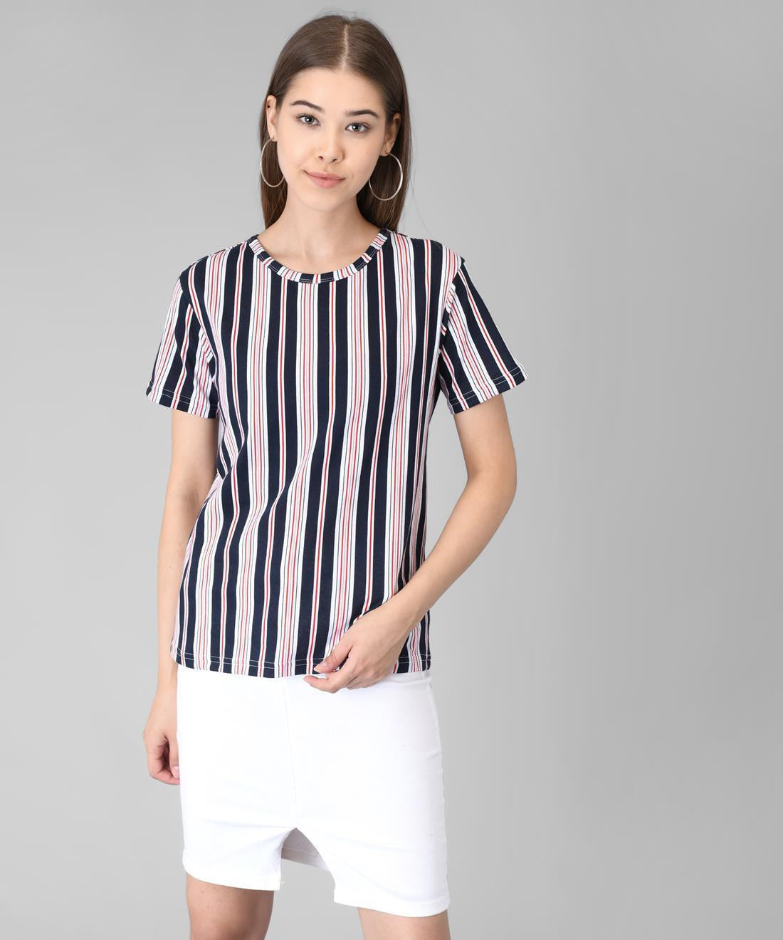 KOTTY Striped Women Round Neck Black T-Shirt 